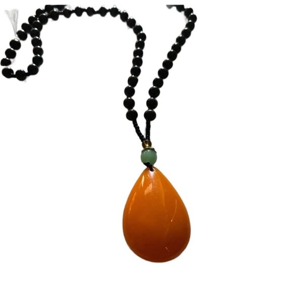Large Orange Pendant Necklace with Brown Wood Beads - Picture 1 of 1
